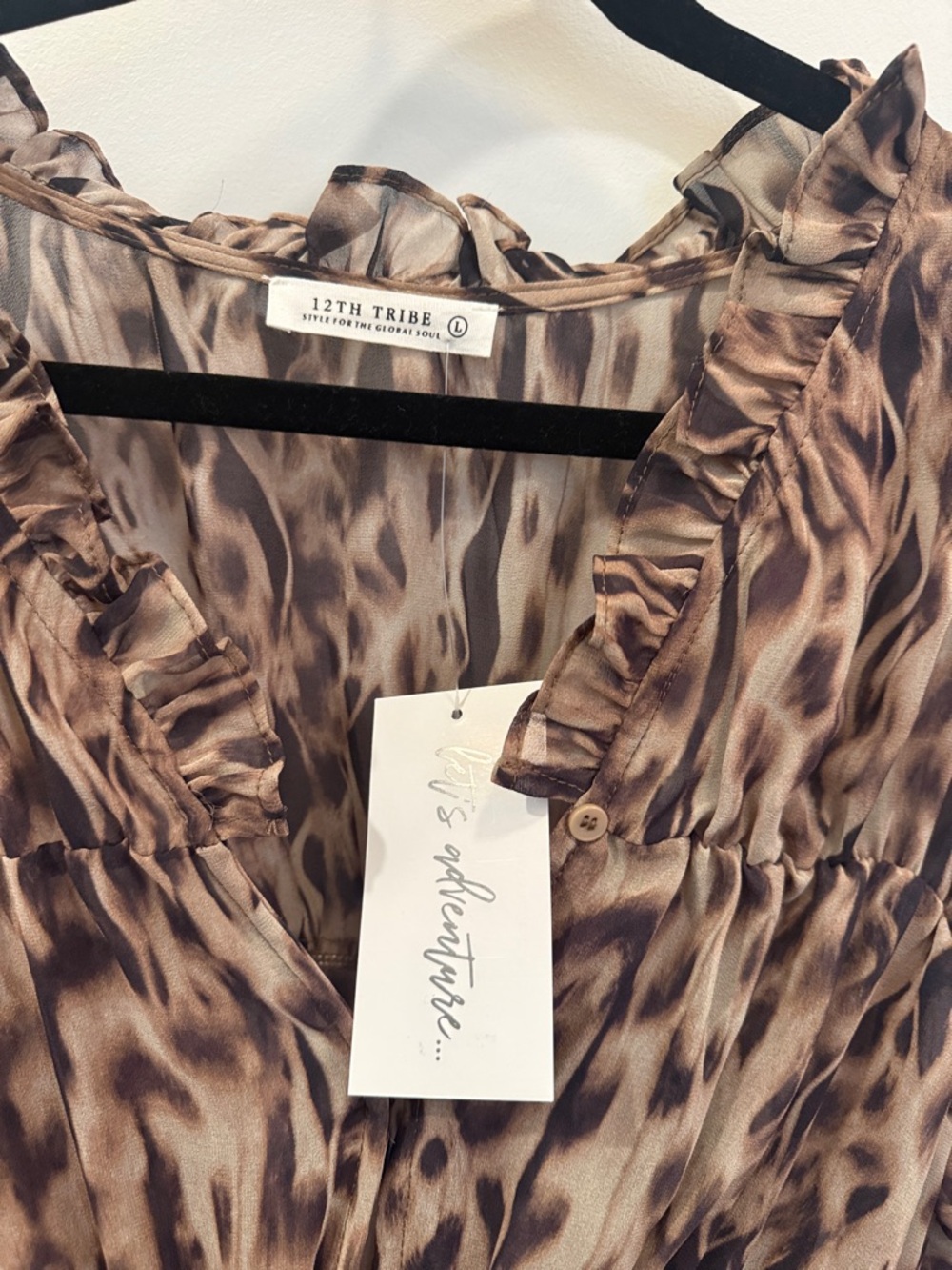 12th Tribe Leopard Print Ruffled V-Neck Blouse in Brown and Tan - Picture 6 of 16
